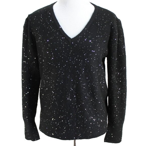 Karl Lagerfeld Sweater Womens Size L Black Sparkly Long Sleeve V Neck Pullover - Picture 1 of 7